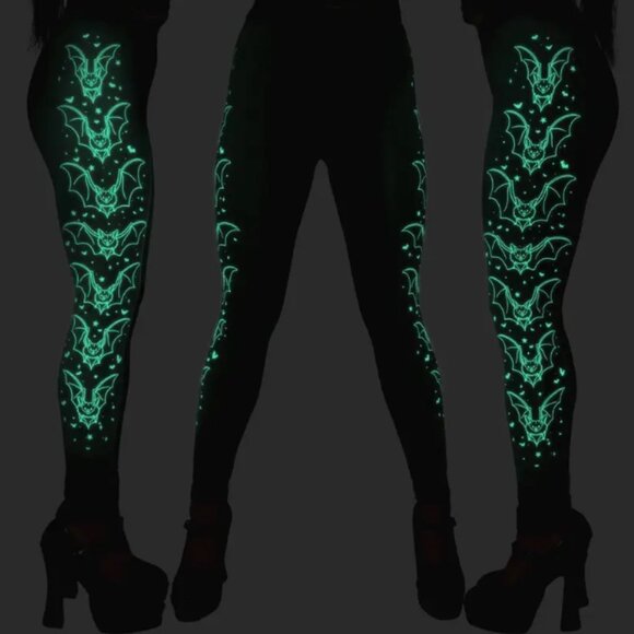 Glow in the Dark Black Gray Bat Leggings S-M-L-XL-2XL-3XL NWT - Picture 1 of 5